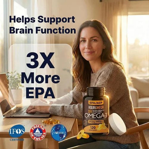 Miniatura 2 de AQUAOMEGA 3X Aceite de pescado omega-3 extra fuerte para apoyo cardíaco, cerebro e inmunológico, 1636 mg EPA, 544 mg de DHA + vitamina D3