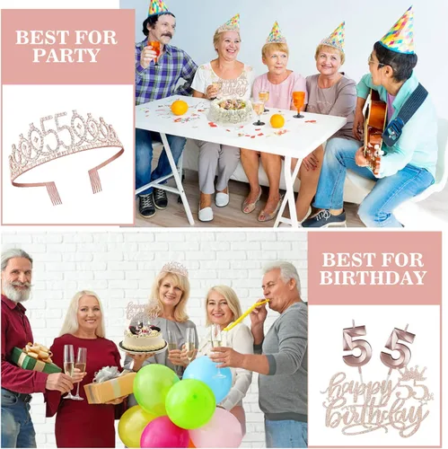 Miniatura 6 de Decoraciones de cumpleaños de 55 años para mujer, que incluyen banda, tiara, velas numéricas y adorno para pastel; regalos de cumpleaños de 55 años
