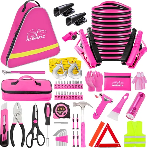 Kit de Emergencia en Carretera para Automóvil - Kit de Emergencia de Asistencia en Carretera Rosa con Cables Puente, Juego de Herramientas para