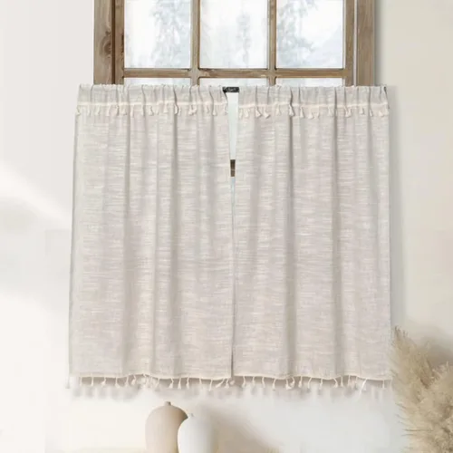 Miniatura 8 de Cortinas de cocina con borlas boho de 36 pulgadas de largo, modernas, de granja, de algodón y lino, cortinas cortas de cafetería para baño, ventana