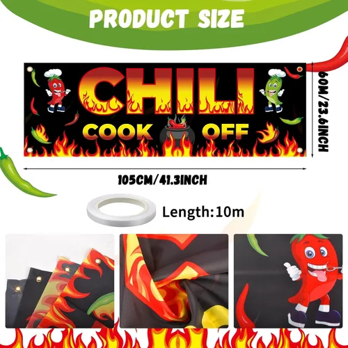 Miniatura 2 de Cartel de Chili Cook Off, pancarta de tela para concurso de 41 x 24 pulgadas, suministros para fiestas mexicanas (41.3 x 23.6 in)