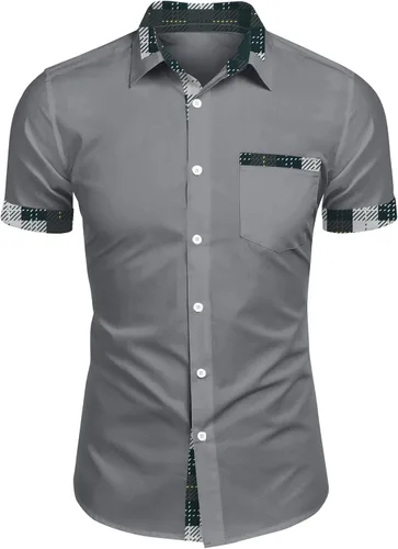 Miniatura 5 de RTRDE Men's Button Down Shirts Short Sleeve Plaid Print Summer Beach Wedding Vacation Dress Shirts, M-4XL