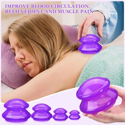 Miniatura 6 de Geiserailie Juego de terapia de ventosas de silicona, tazas de masaje de ventosas, taza de terapia china profesional, para el nervio muscular Púrpura