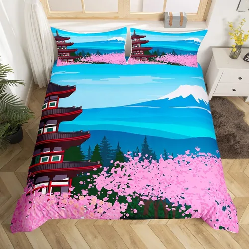 Miniatura 8 de Erosebridal Juego de funda de edredón con diseño de flores de cerezo, funda de edredón Fuji con montura japonesa, tamaño individual, juego de ropa