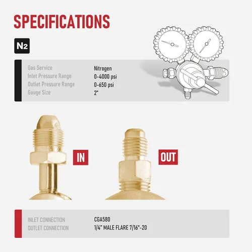 Miniatura 3 de RX WELD Regulador de nitrógeno con 0-800 PSI, entrada CGA580, equipo de presión de entrega, medidores de conexión de entrada y salida de latón