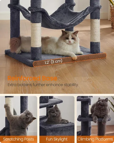 Miniatura 8 de Feandrea - Árbol para gatos de varios niveles para interiores, torre para gatos tipo condominio con 4 postes para rascar, 2 posaderos, hamaca y Gris