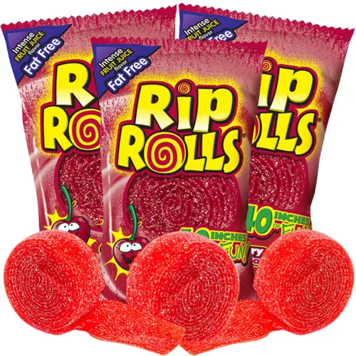 Needzo Rip Rolls - Rollos de caramelo agrio, sabor a fruta de cereza, caramelos de cinturón de regaliz sin grasa, bocadillos para compartir