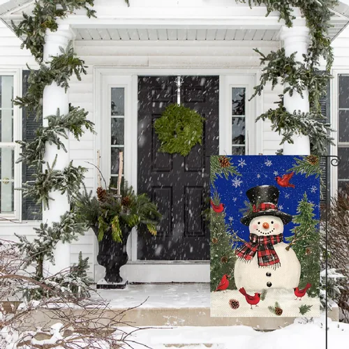 Miniatura 3 de AVOIN colorlife Muñeco de nieve azul con bufanda Bandera de jardín de Navidad 12x18 pulgadas de dos vistas, Bandera decorativa de patio de invierno
