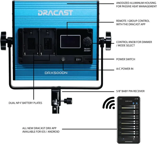 Miniatura 5 de Dracast Serie X LED500 - Panel de luz de video LED de 5600 K Control de aplicación Bluetooth Regulable 0-100% CRI y TLCI 96+ Placa