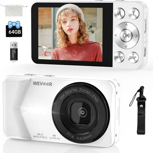 Miniatura 9 de Cámara digital 4K, cámara digital Wevoor de 64MP para apuntar y disparar con enfoque automático, zoom 18X, 20 filtros, tarjeta SD de 64 GB, batería