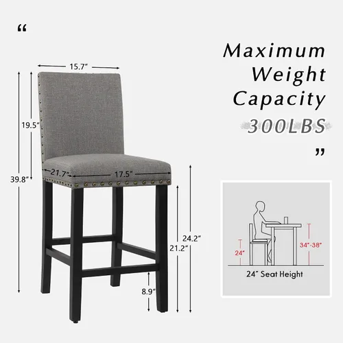 Miniatura 2 de DAGONHIL Juego de 4 taburetes de bar de 24 pulgadas, taburetes de bar de altura de mostrador con respaldos, taburetes de bar con cabeza de clavo