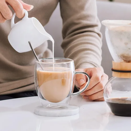 Miniatura 3 de LIBWYS Paquete de 6 Tazas de Café de Vidrio de Doble Pared, Tazas de 12oz para Espresso Cappuccino Latte Té con Asa, Vasos Transparentes