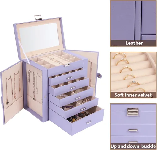 Miniatura 2 de BOOVO Joyero para mujer, organizador de joyas grande de 6 capas con espejo, caja de almacenamiento multifunción con cerradura, soporte