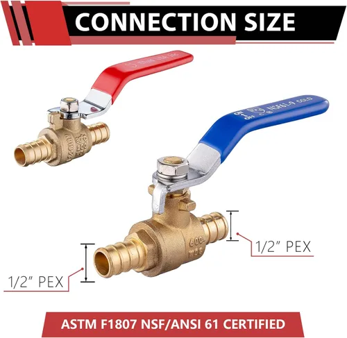 Miniatura 2 de Paquete de 2 válvulas de bola EFIELD Pex Brass de 1/2 pulgada con cierre de puerto completo, caliente y frío, (VALVE001)
