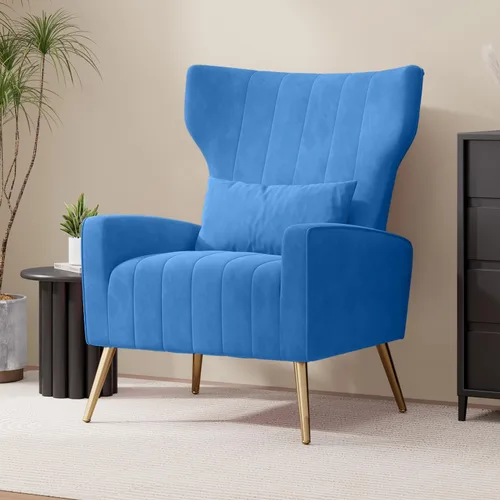 Miniatura 13 de Nebuaegis Silla decorativa de terciopelo con respaldo alado para sala de estar, sillón de respaldo alto con patas doradas, almohada lumbar, sofá
