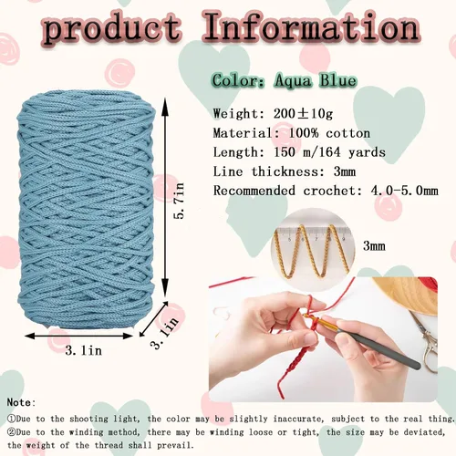 Miniatura 2 de 200g de hilo de algodón hueco tejido a crochet, hilo redondo de tela para bolso de mano de bricolaje, canasta, cojín, bolsa de crochet (Azul Aqua)