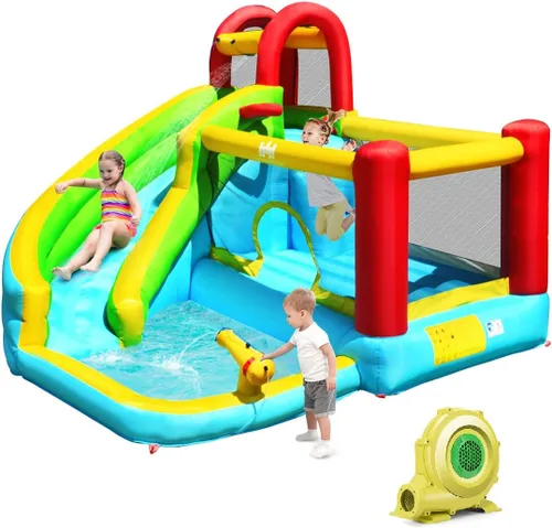 BOUNTECH Tobogán acuático inflable, 6 en 1 para niños, castillo para saltar, con pared para escalar, piscina, cañón de agua, aro de baloncesto,
