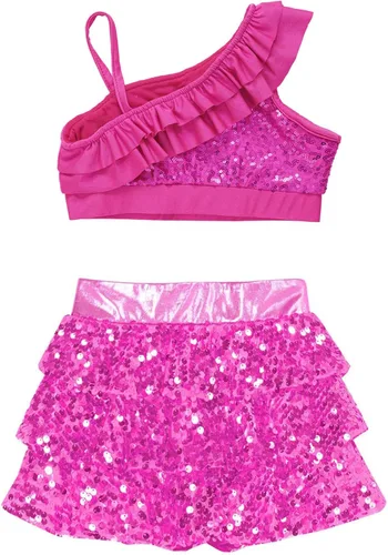 Miniatura 25 de JEATHA Top corto con borlas y lentejuelas brillantes para niñas, con minifalda, jazz latino, salsa, samba, rumba, baile