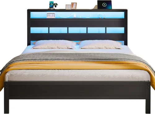 Miniatura 9 de Furnulem Base de cama Queen con cabecera de almacenamiento y luces LED, base de cama de metal con estación de carga y puerto USB, cama de plataforma