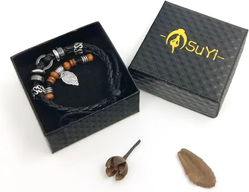 Miniatura 21 de Suyi brazalete ajustable con varias capas, de cuero tejido trenzado con cruz. Pulsera tipo esclava.