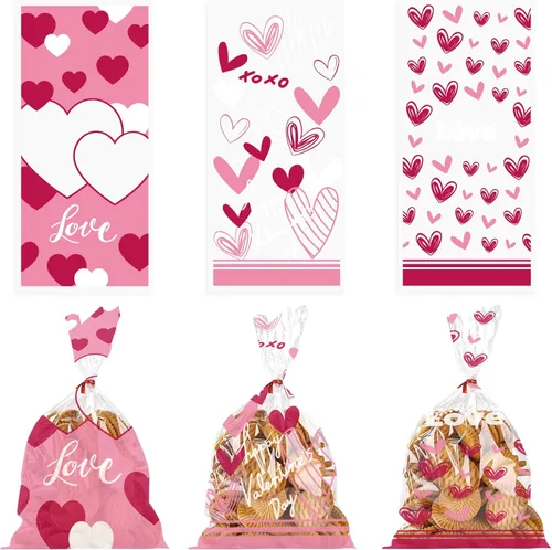 Threetols 150 bolsas de celofán para el día de San Valentín, bolsas de celofán con corazón rojo, bolsas de regalo transparentes de San Valentín, VN