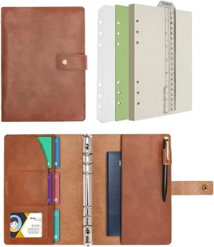 Miniatura 21 de WONDERPOOL Cuaderno de cuero recargable, cuaderno en espiral, carpeta de carpetas de diario A5 con puntos y bolsillos interiores para viajes, Marrón