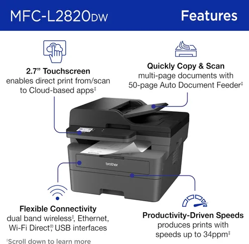Miniatura 3 de Impresora láser monocromática compacta inalámbrica Brother MFC-L2820DW todo en uno con copia, escaneo y fax, impresión a doble cara, blanco y negro