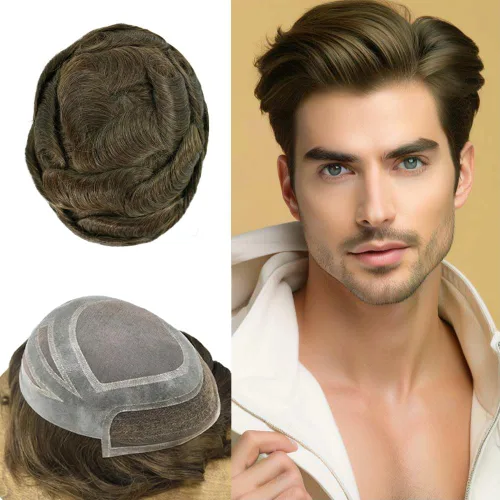 Miniatura 31 de Tupé de cabello humano para hombre, encaje suizo para hombre, postizo de monofilamento fino, sistema de reemplazo de cabello protesis capilar