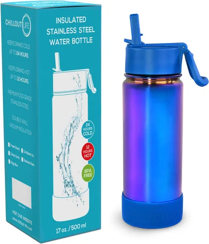Miniatura 2 de CHILLOUT LIFE Botella de agua aislada para niños de 17 onzas para la escuela con tapa con pajilla, a prueba de fugas y bonitas calcomanías Azul