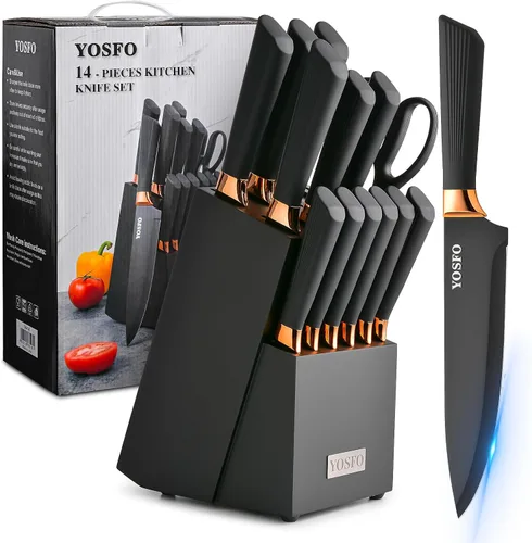 Miniatura 9 de Juego de cuchillos de cocina, 15 piezas con bloque y afilador, acero inoxidable de alto carbono ultra afilado, apto para lavavajillas