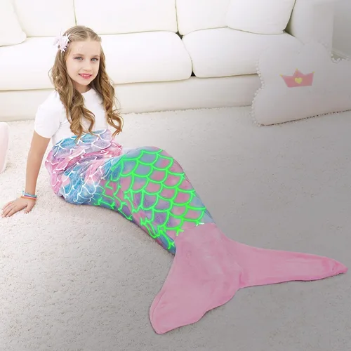 Miniatura 9 de WERNNSAI Manta de Cola de Sirena para Niños - Manta Ponible de Sirena que Brilla en la Oscuridad para Niñas de Invierno Franela Suave con Escamas