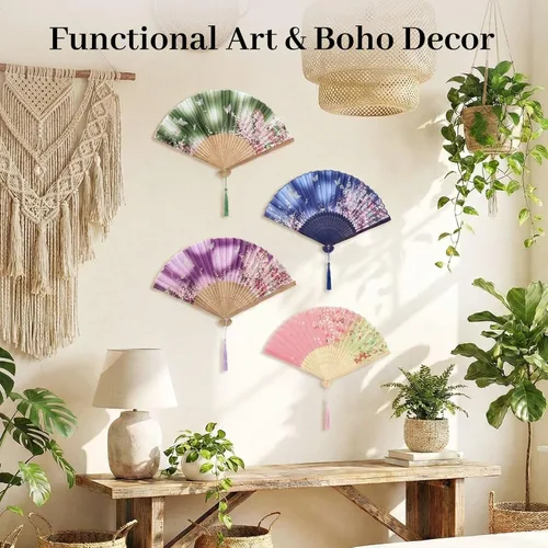 Miniatura 6 de JOHOUSE 4 abanicos plegables de tela floral con borla, elegantes abanicos de boda para invitados, ventilador plegable chino, ventilador de mano