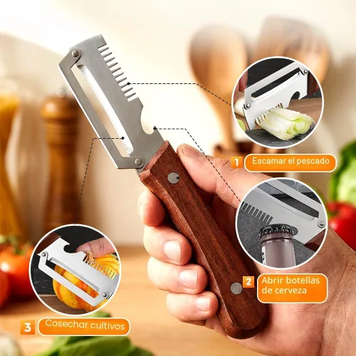 Miniatura 7 de Pelador de verduras multifuncional para cocina, herramienta peladora de acero inoxidable 2026 para chef, pelador de mango de madera, trituradora