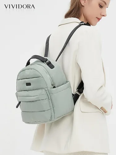 Miniatura 3 de Vividora Mini mochila acolchada para mujer, pequeña mochila acolchada de nailon ligero para viajes diarios, Gris Verde