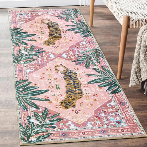 Miniatura 9 de Alfombras hippie, alfombras de 2 x 3 de lana sintética tropical rosa boho para baño, cocina, entrada interior pequeña. Alfombra moderna vintage