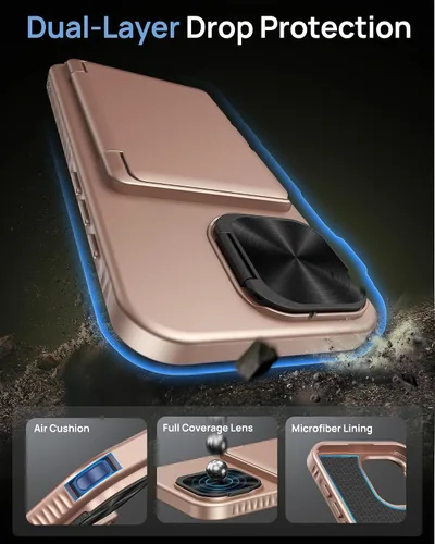Miniatura 6 de Funda para iPhone 16e con Tarjetero y Cubierta de Lente de Cámara con Soporte, Protección contra Caídas de Grado Militar a Prueba de Golpes Oro rosa