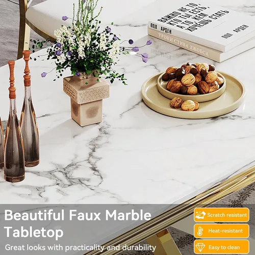 Miniatura 4 de Juego de mesa de comedor de mármol para 6, mesa de cocina rectangular de mármol blanco de 70 pulgadas con patas en X de acero inoxidable dorado
