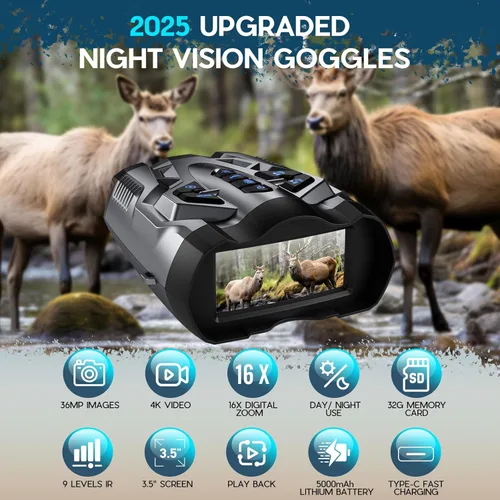 Miniatura 2 de WISHBETY 4K Night Vision Goggles for Adults,16X Zoom Night Vision Binoculars with 1000FT Infrared Range,5000mAh Rechargeable Battery,3.5" Plata Gris