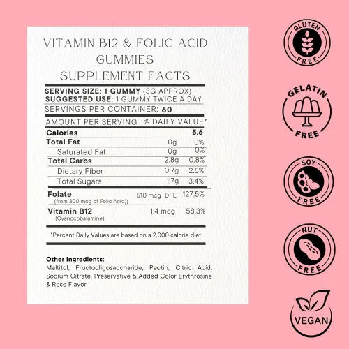 Miniatura 4 de SOHM - Gomitas de ácido fólico de 300 mcg de vitamina B12, 60 unidades, mejoran los glóbulos rojos, apoyan la salud inmunológica saludable, gomita