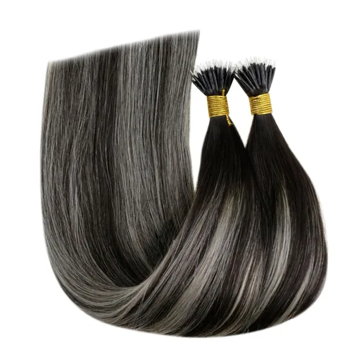 Miniatura 8 de RUNATURE Extensiones de cabello humano nano color negro degradado plateado, 14 pulgadas, 1.76 onzas, 50S, extensiones de cabello Remy suave liso