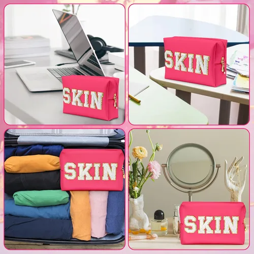 Miniatura 4 de Y1tvei Preppy Patch SKIN - Neceser de piel sintética con letras blancas, bolsa de maquillaje portátil para uso diario, bolsa de almacenamiento
