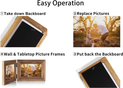 Miniatura 8 de Portarretratos de 5 x 7, doble bisagra horizontal de madera con marco de fotos plegable con frente de cristal real en grano de madera envejecido