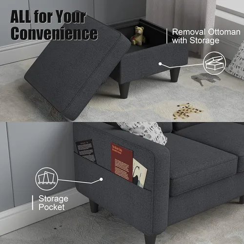 Miniatura 8 de Sofá seccional convertible gris oscuro, moderno sofá tapizado de tela de lino en forma de L con bolsillos para reposabrazos, sofá de 3 plazas