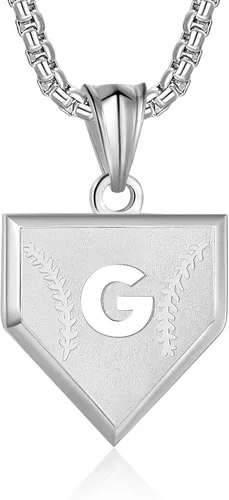 Miniatura 26 de Collar con inicial de la A a la Z para niños, de acero inoxidable, con dije de escudo de letra, cadena de 22 + 2 pulgadas, inspirador de béisbol
