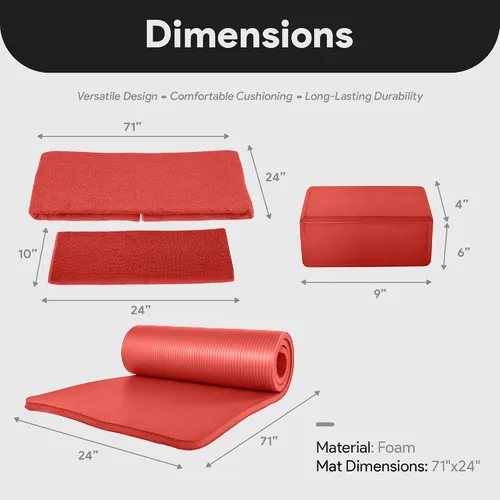 Miniatura 4 de BalanceFrom Juego de yoga de 7 piezas con esterilla extra gruesa de 71 x 24 x 1 pulgadas y correa de transporte – Incluye 2 bloques, correa de Rojo