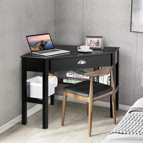Miniatura 2 de KOTEK Escritorio esquinero con cajón y estantes, escritorio de madera para oficina en casa, escritorio de computadora triangular, escritorio de Negro