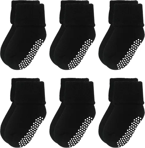 VWU - Medias de altura media con antideslizante, de algodón grueso y cálido, unisex, talla 0-6T, paquete de 6 pares