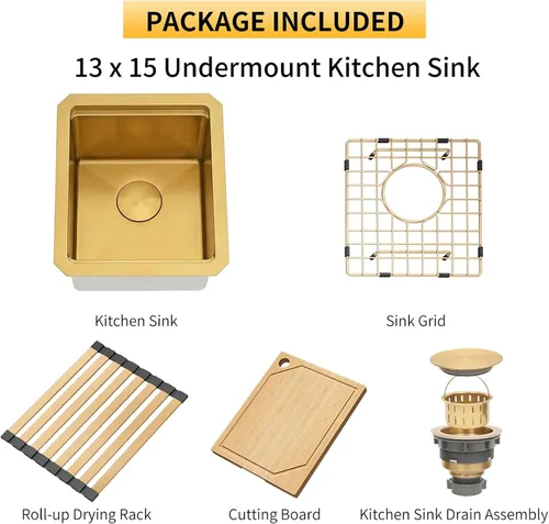 Miniatura 2 de Fregadero de barra dorada de 13 x 15 pulgadas, fregaderos de cocina dorados de acero inoxidable SUS304 de calibre 16 con accesorios, fregadero