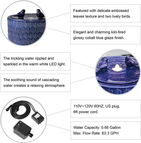 Miniatura 6 de Glitzhome Fuente de agua de cerámica para jardín de 14.75 pulgadas de alto con luces LED y bomba, dos pájaros en relieve con patrón de hojas