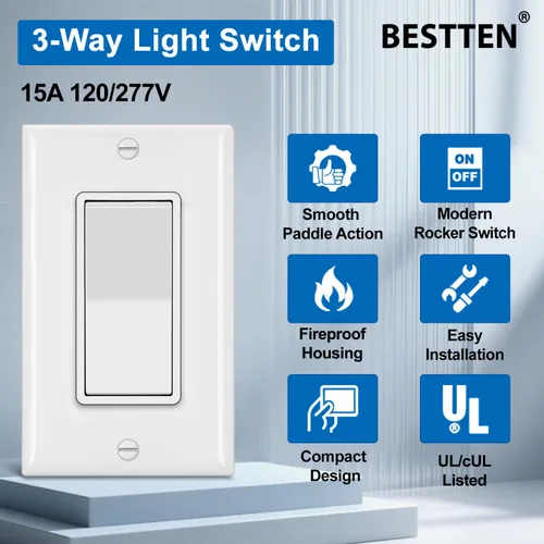 Miniatura 3 de BESTTEN Paquete de 20 interruptores decorativos de pared de 3 vías con placa de pared, 15 A, 120 V/277 V, un solo polo o tres vías, interruptor